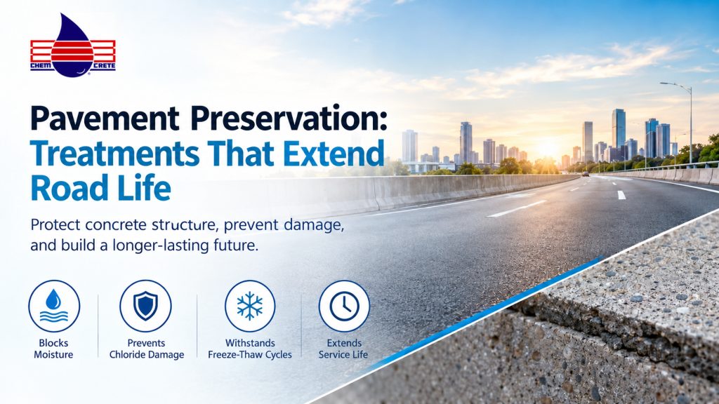 Pavement preservation treatments extending road life, shown by a highway leading to a city skyline beside a close-up of cracked concrete, with Chem-Crete branding
